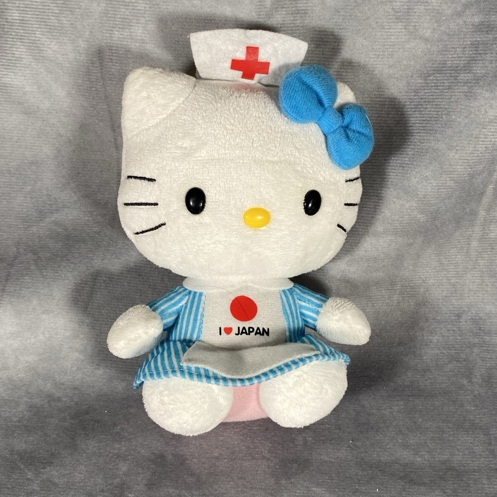 TY Hello Kitty Sanrio I LOVE JAPAN Nurse Beanie Baby Blue Bow Stripes Cat Plush